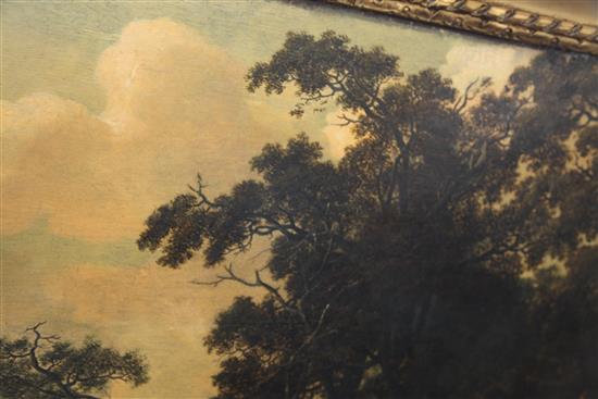 18th Century Flemish School An extensive wooded landscape with a stag hunt in the foreground 36 x 53in.